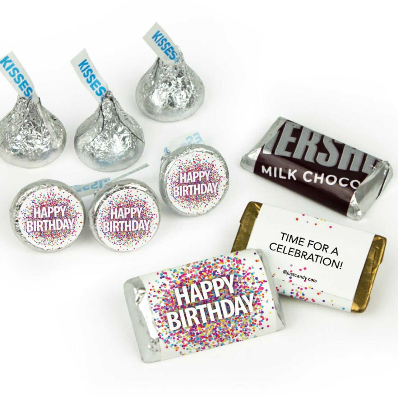 Birthday Candy Party Favors (Approx. 100 Pcs Milk Chocolate Hershey's Kisses & 40 Pcs Wrapped Miniatures) - Confetti Themed